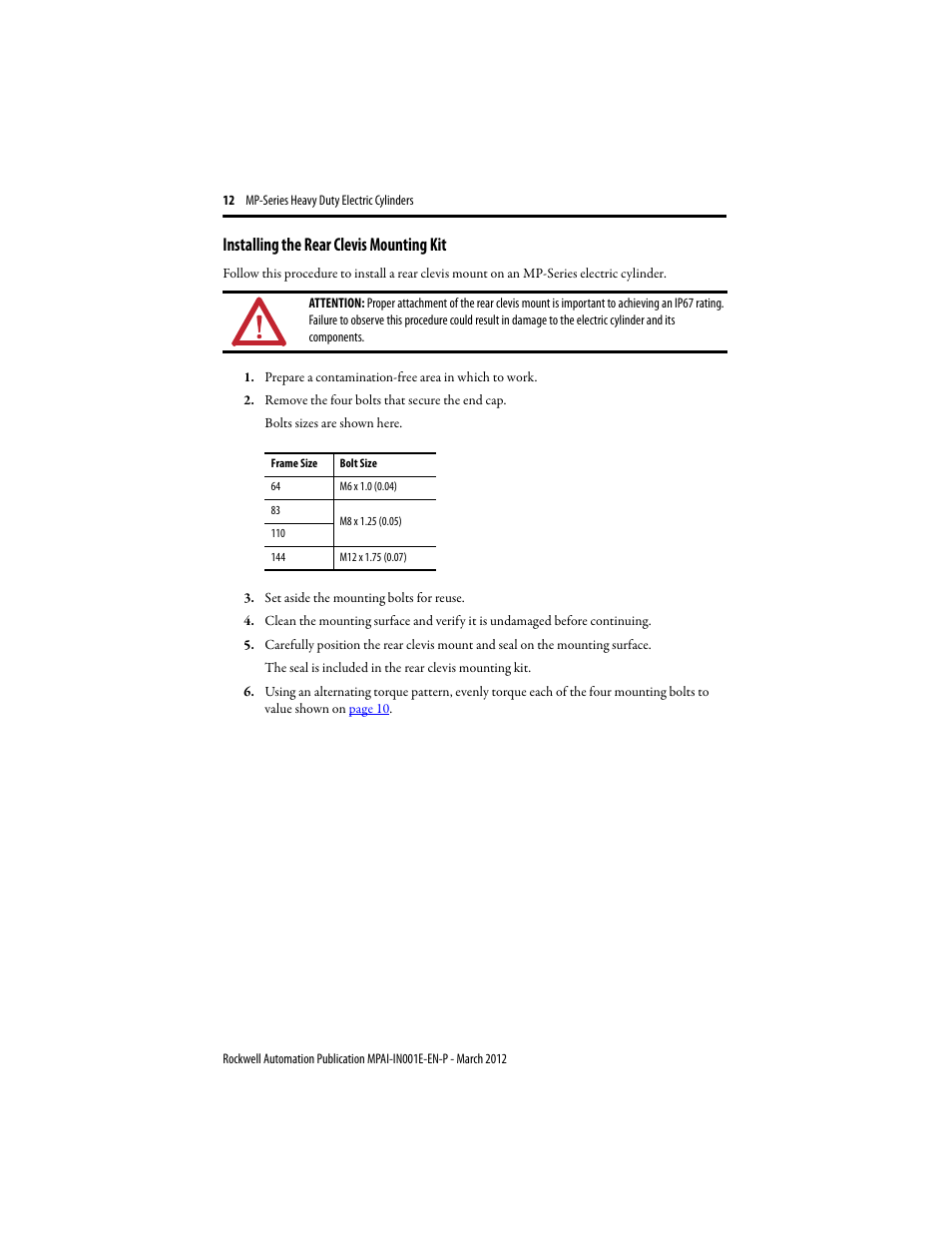 Installing the rear clevis mounting kit | Rockwell Automation MPAI Heavy Duty Electric Cylinders User Manual | Page 12 / 68