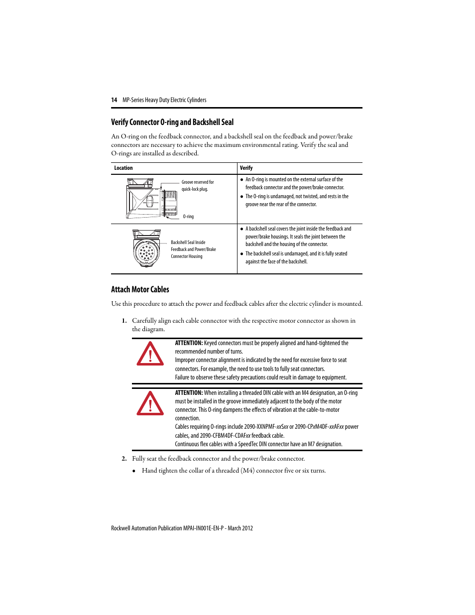 Verify connector o-ring and backshell seal, Attach motor cables | Rockwell Automation MPAI Heavy Duty Electric Cylinders User Manual | Page 14 / 68