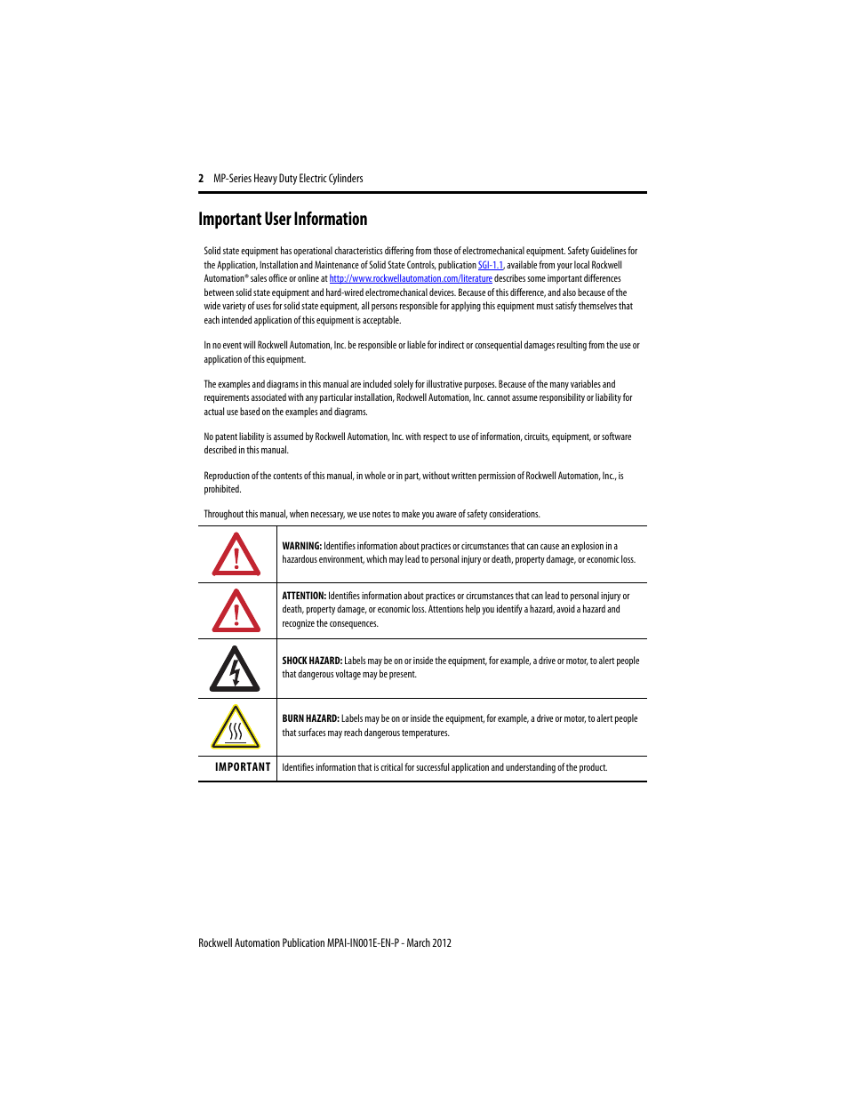 Important user information | Rockwell Automation MPAI Heavy Duty Electric Cylinders User Manual | Page 2 / 68
