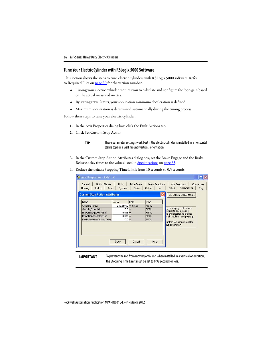 Tune your electric, Cylinder with rslogix 5000 software | Rockwell Automation MPAI Heavy Duty Electric Cylinders User Manual | Page 36 / 68