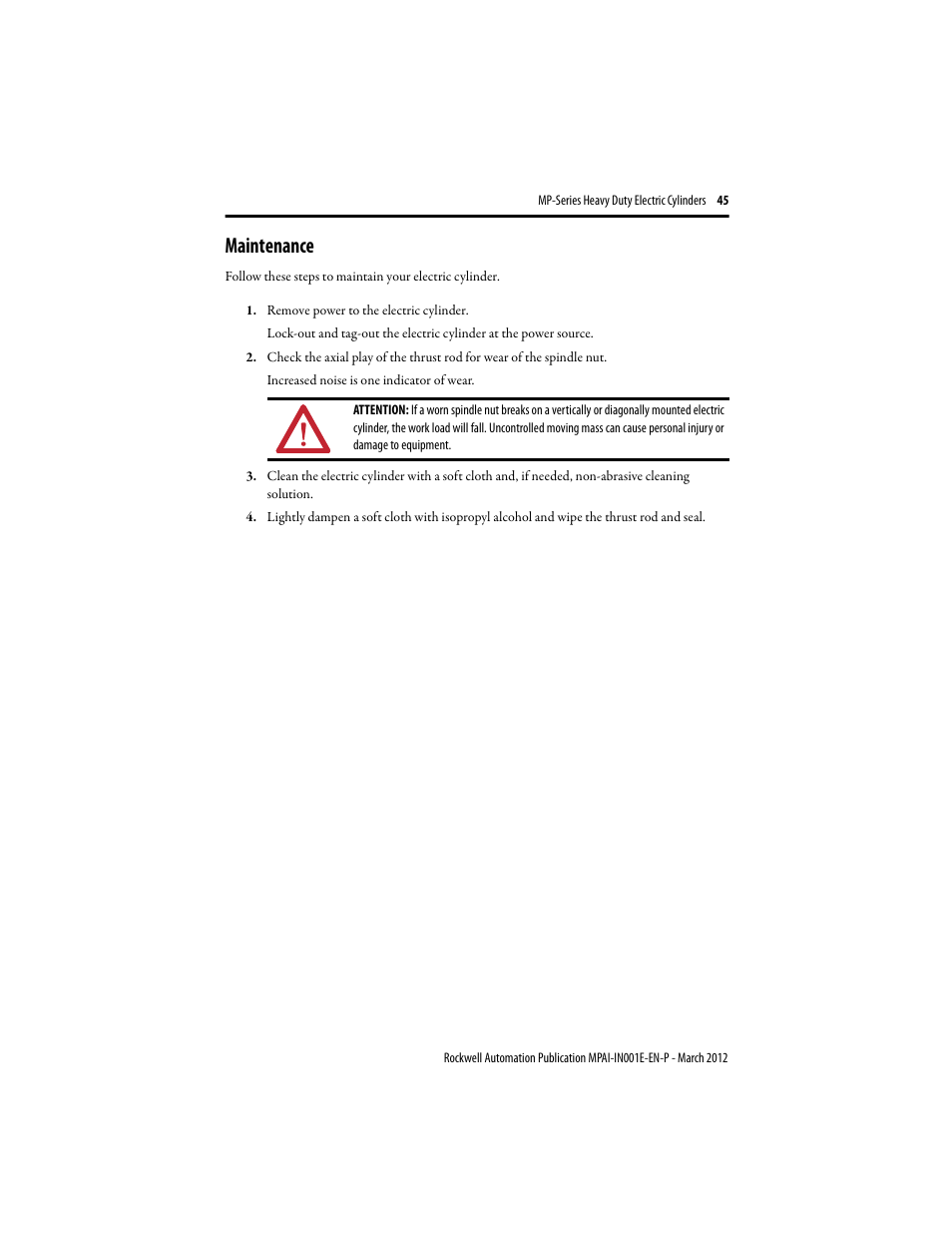 Maintenance | Rockwell Automation MPAI Heavy Duty Electric Cylinders User Manual | Page 45 / 68