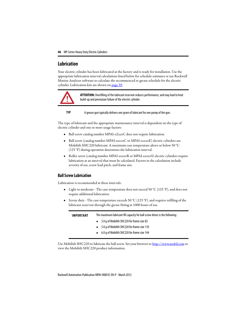 Lubrication, Ball screw lubrication | Rockwell Automation MPAI Heavy Duty Electric Cylinders User Manual | Page 46 / 68