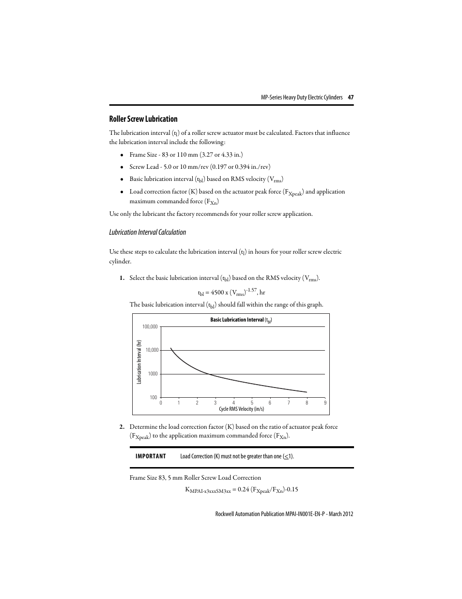 Roller screw lubrication, Lubrication interval calculation | Rockwell Automation MPAI Heavy Duty Electric Cylinders User Manual | Page 47 / 68