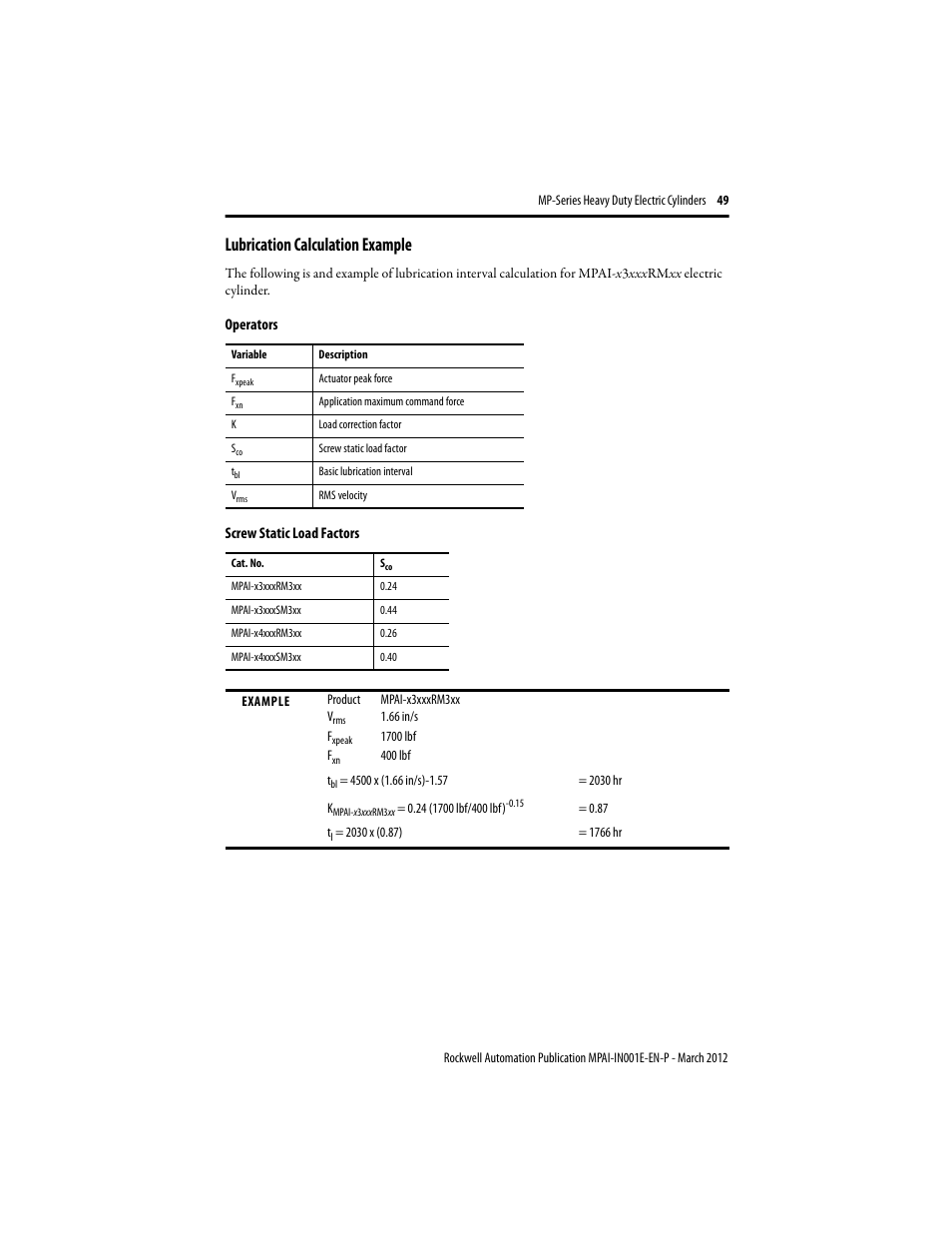 Lubrication calculation example | Rockwell Automation MPAI Heavy Duty Electric Cylinders User Manual | Page 49 / 68