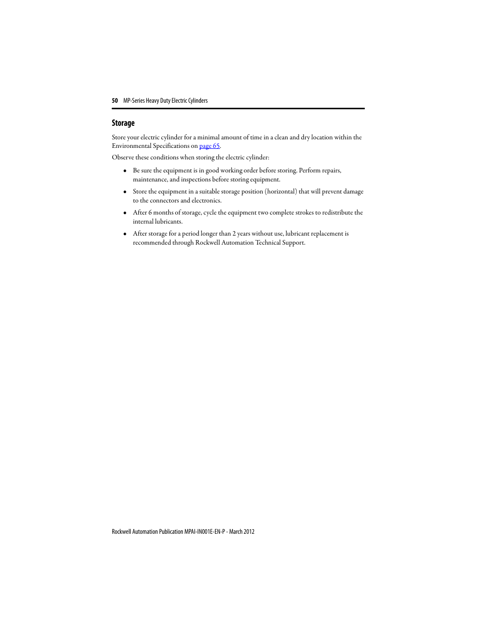 Storage | Rockwell Automation MPAI Heavy Duty Electric Cylinders User Manual | Page 50 / 68