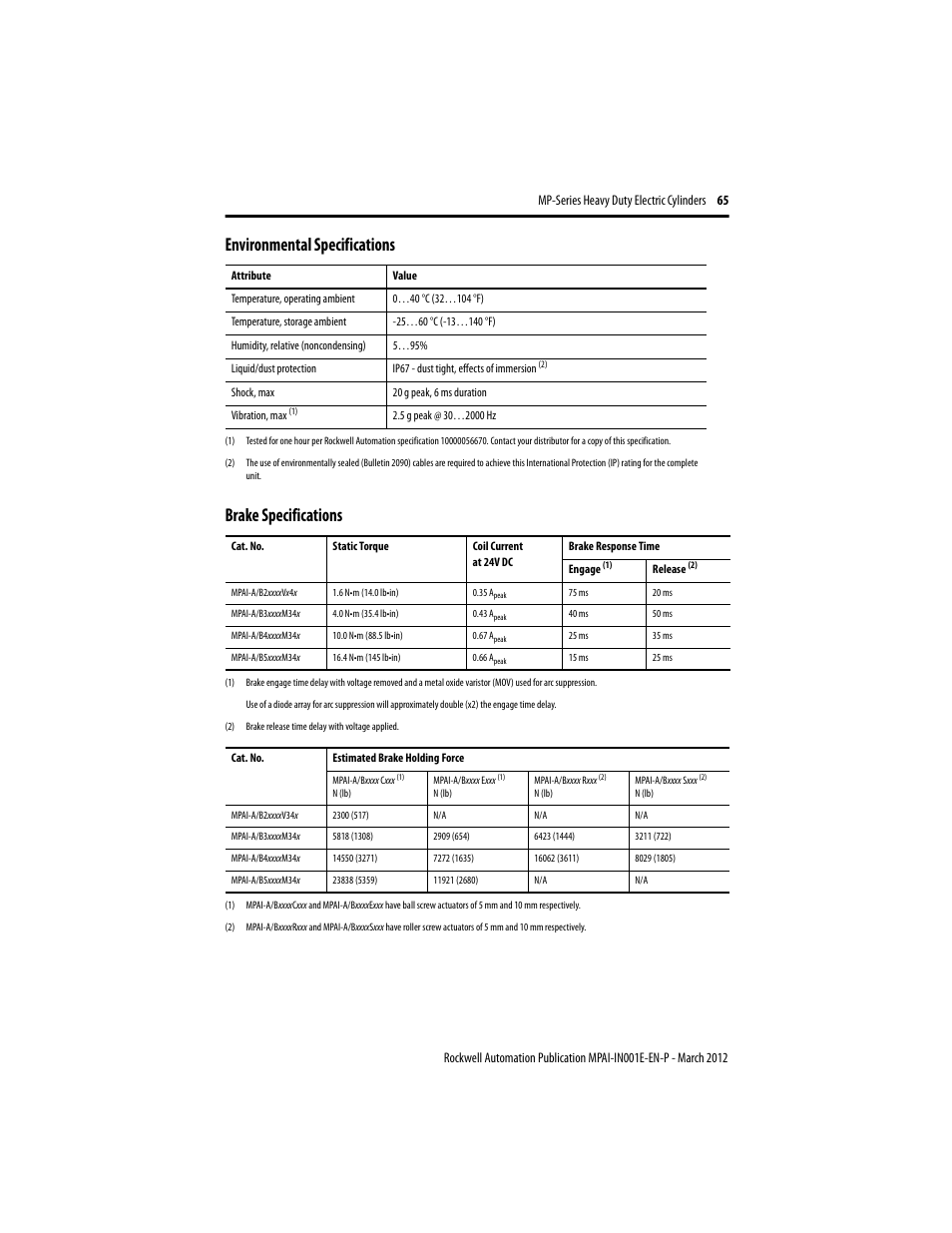 Environmental specifications, Brake specifications, Environmental specifications brake specifications | Rockwell Automation MPAI Heavy Duty Electric Cylinders User Manual | Page 65 / 68