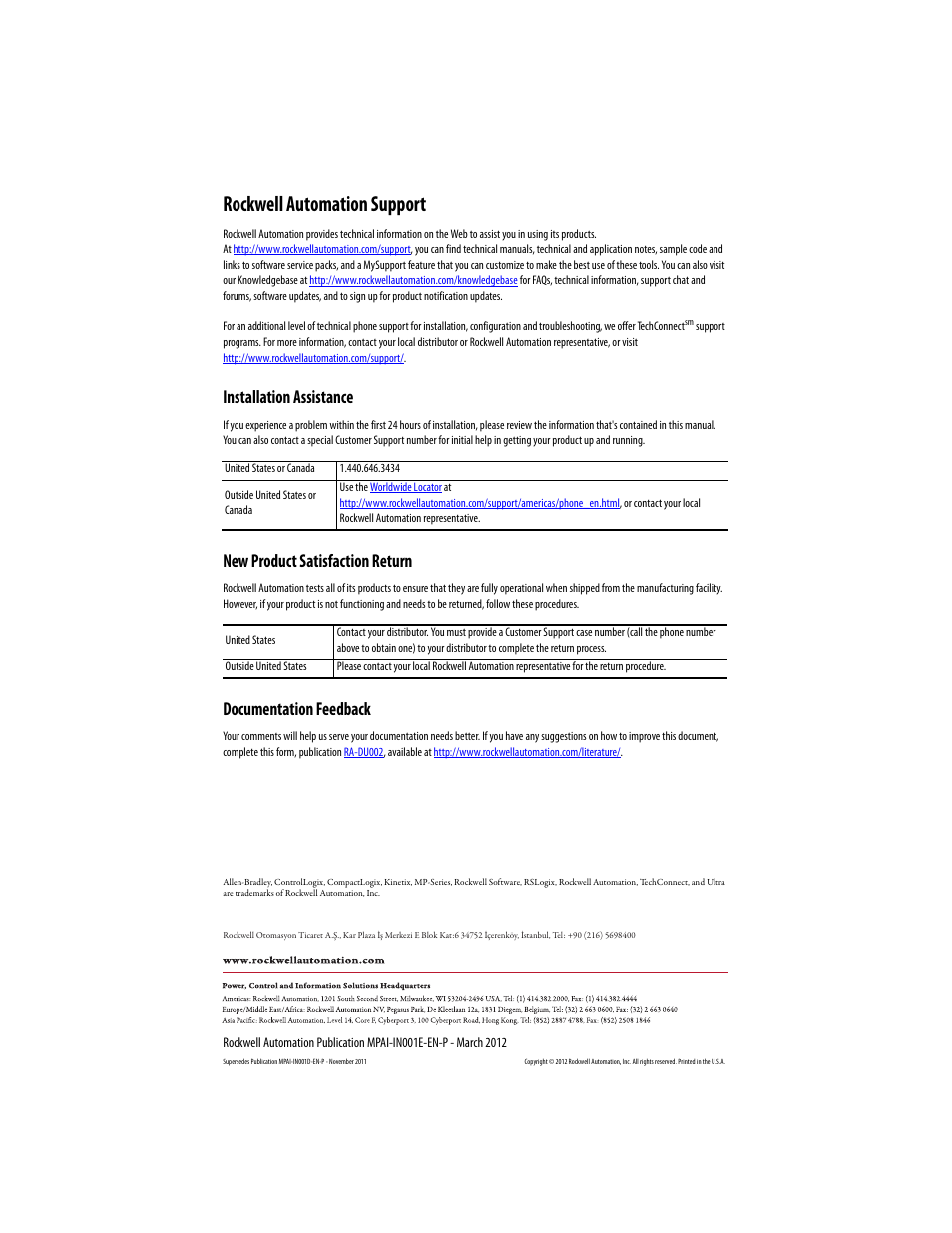 Rockwell automation support, Installation assistance, New product satisfaction return | Documentation feedback | Rockwell Automation MPAI Heavy Duty Electric Cylinders User Manual | Page 68 / 68