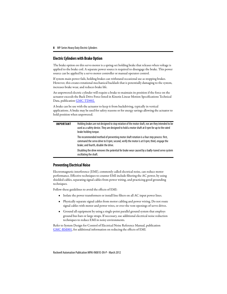 Electric cylinders with brake option, Preventing electrical noise | Rockwell Automation MPAI Heavy Duty Electric Cylinders User Manual | Page 8 / 68