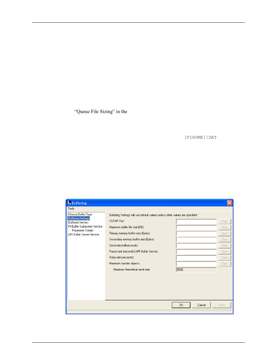 Send rate (milliseconds), Maximum transfer objects, Event queue file size (mbytes) | Event queue path, Bufserv | Rockwell Automation FactoryTalk Historian SE 3.0 H2H Interface User Guide User Manual | Page 115 / 156