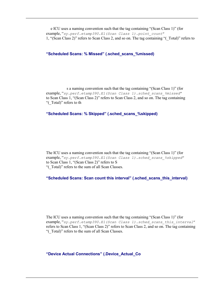 Scheduled scans: % missed” (.sched_scans_%missed), Performance counters for (_total) only | Rockwell Automation FactoryTalk Historian SE 3.0 H2H Interface User Guide User Manual | Page 128 / 156