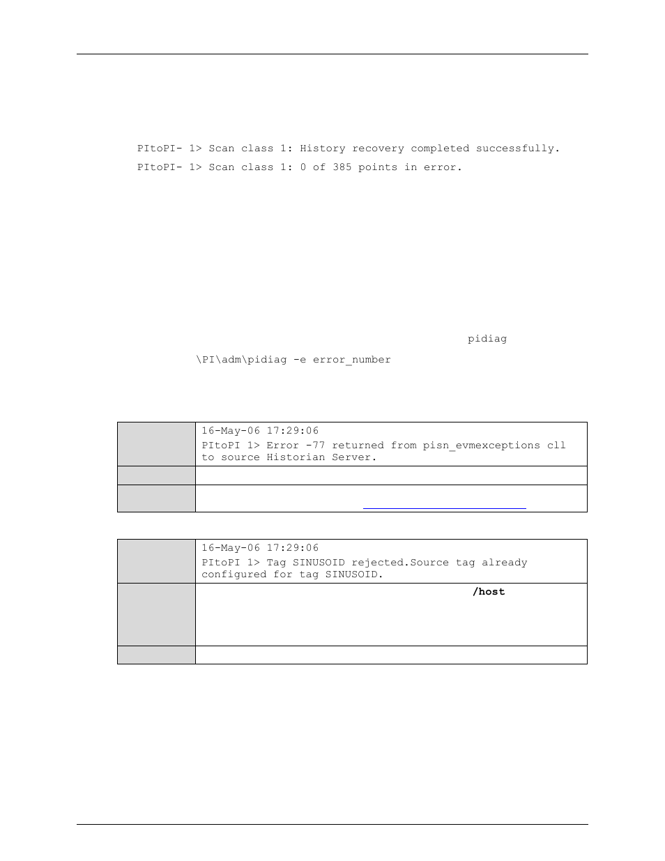 Scan summary, System errors and historian errors, Error descriptions | Historian to historian specific error messages | Rockwell Automation FactoryTalk Historian SE 3.0 H2H Interface User Guide User Manual | Page 144 / 156