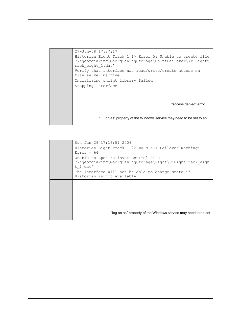 Errors (phase 2), Unable to open synchronization file, Error opening synchronization file | Rockwell Automation FactoryTalk Historian SE 3.0 H2H Interface User Guide User Manual | Page 147 / 156