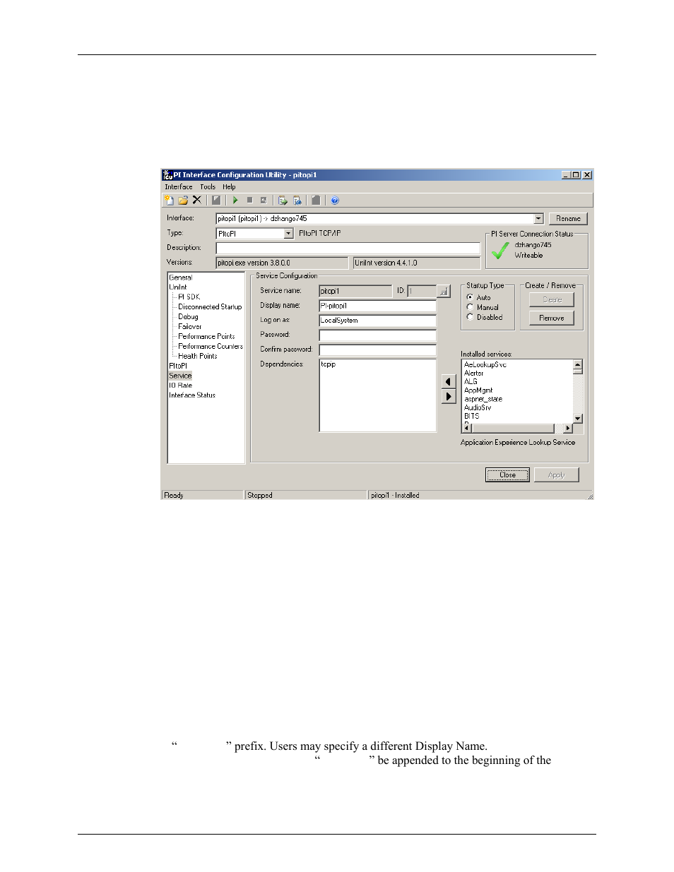 Service configuration, Service name, Display name | Rockwell Automation FactoryTalk Historian SE 3.0 H2H Interface User Guide User Manual | Page 39 / 156