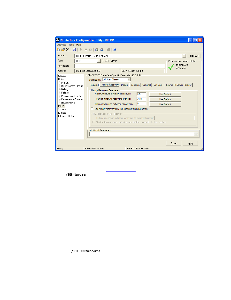 History recovery tab, Maximum hours of history to recover, Hours of history to recover per cycle | Rockwell Automation FactoryTalk Historian SE 3.0 H2H Interface User Guide User Manual | Page 62 / 156