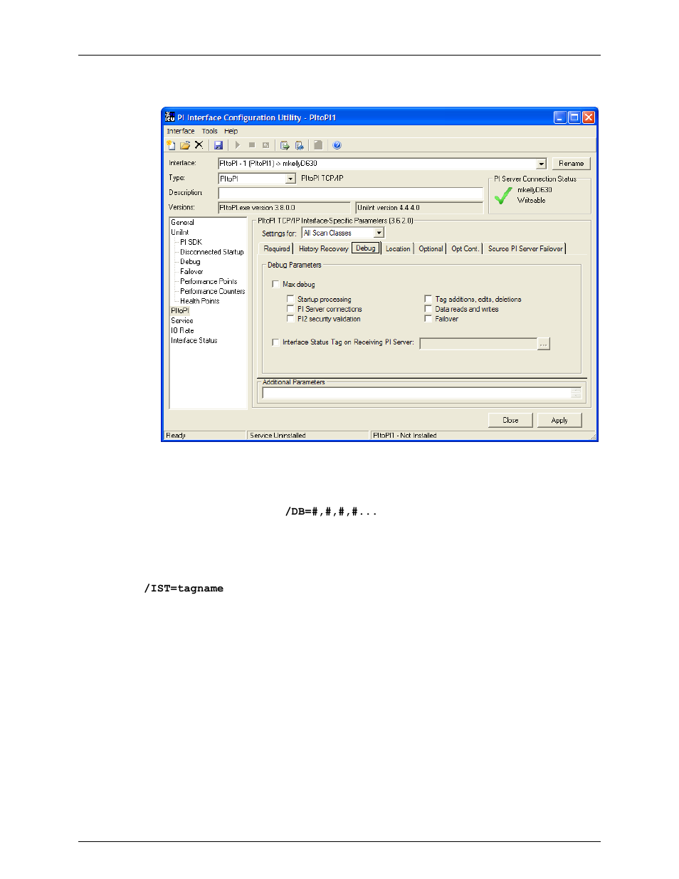 Debug tab, Debug parameters, Interface status tag on receiving historian server | Rockwell Automation FactoryTalk Historian SE 3.0 H2H Interface User Guide User Manual | Page 64 / 156