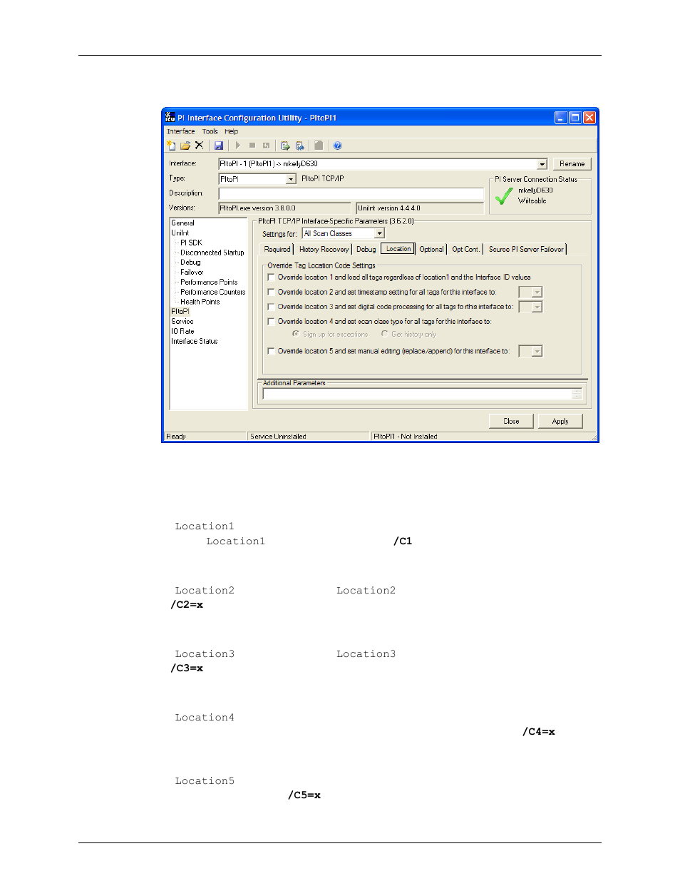 Location tab, Override location 1, Override location 2 | Override location 3, Override location 4, Override location 5 | Rockwell Automation FactoryTalk Historian SE 3.0 H2H Interface User Guide User Manual | Page 65 / 156