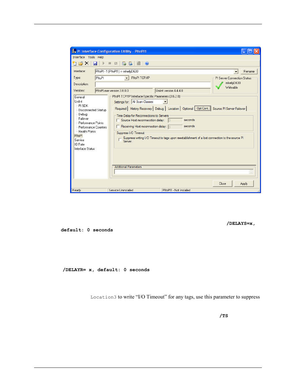 Opt cont tab, Source host reconnection delay, Receiving host reconnection delay | Rockwell Automation FactoryTalk Historian SE 3.0 H2H Interface User Guide User Manual | Page 68 / 156