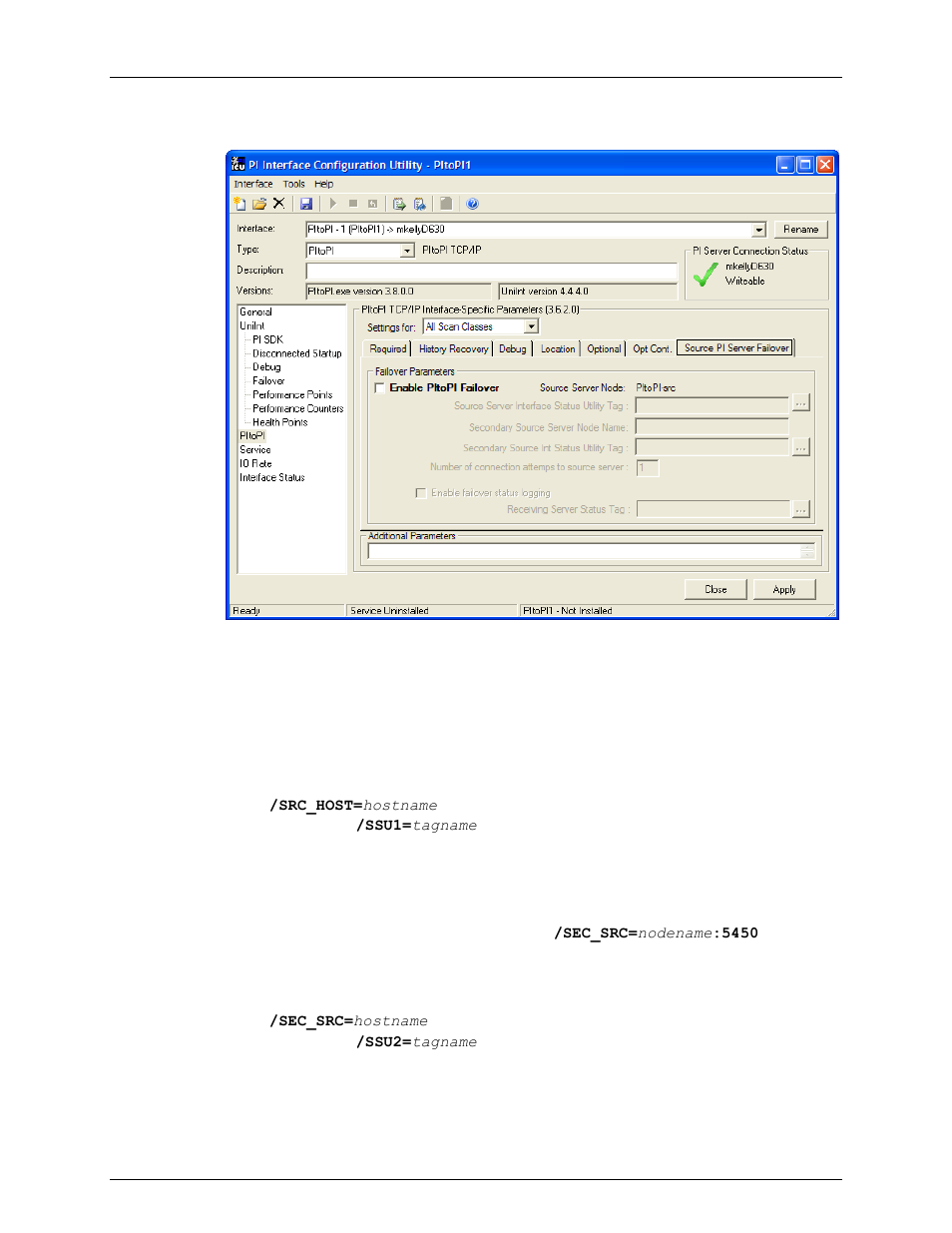 Source historian server failover tab, Enable pitopi failover, Source server interface status utility tag | Secondary source server node name, Secondary source int status utility tag | Rockwell Automation FactoryTalk Historian SE 3.0 H2H Interface User Guide User Manual | Page 69 / 156