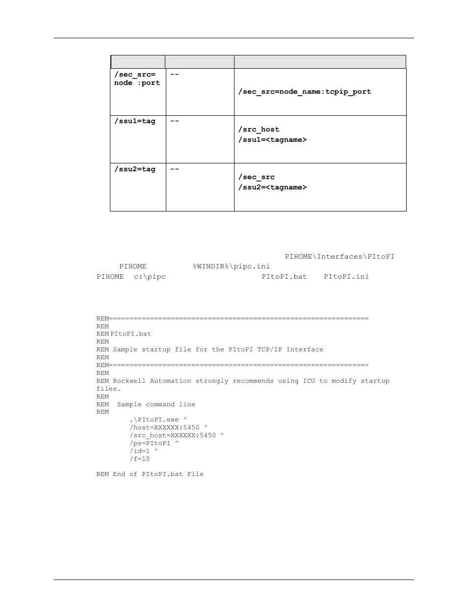 Sample startup configuration files, Sample pitopi.bat file | Rockwell Automation FactoryTalk Historian SE 3.0 H2H Interface User Guide User Manual | Page 79 / 156