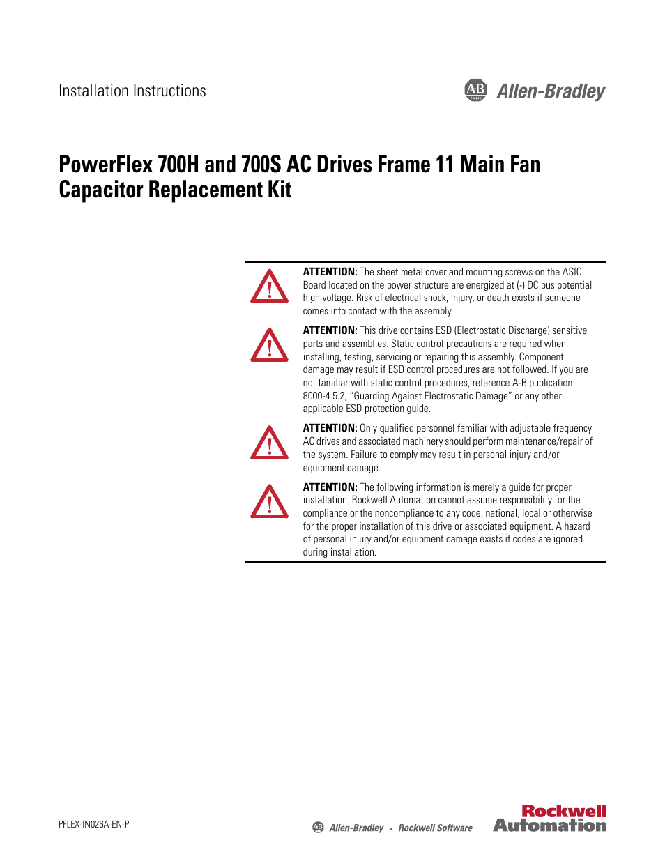 Rockwell Automation 20D PowerFlex 700H and 700S AC Drives Frame 11 Main Fan Capacitor Replacement Kit User Manual | 12 pages