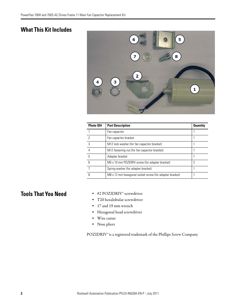 What this kit includes tools that you need | Rockwell Automation 20D PowerFlex 700H and 700S AC Drives Frame 11 Main Fan Capacitor Replacement Kit User Manual | Page 2 / 12