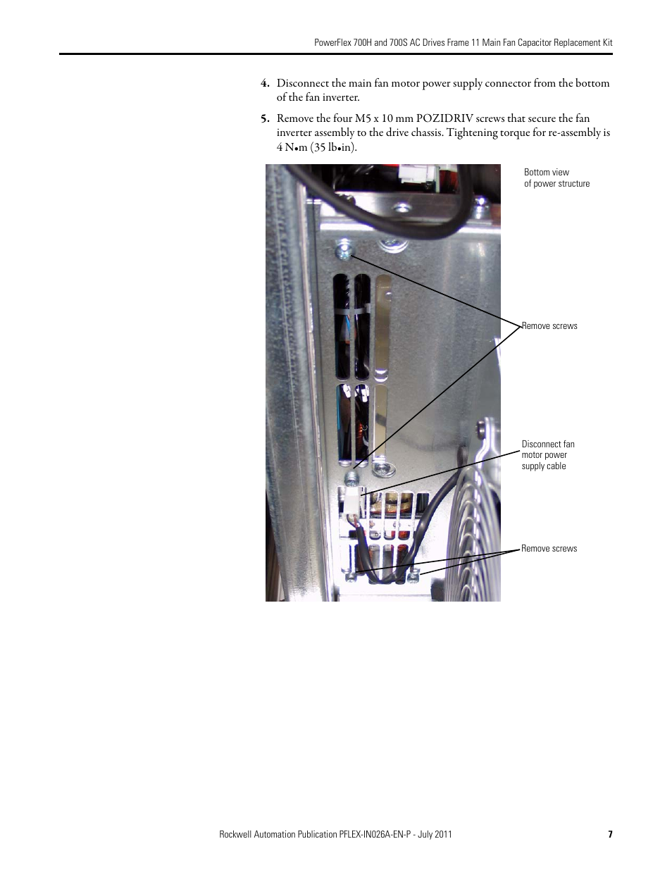 Rockwell Automation 20D PowerFlex 700H and 700S AC Drives Frame 11 Main Fan Capacitor Replacement Kit User Manual | Page 7 / 12