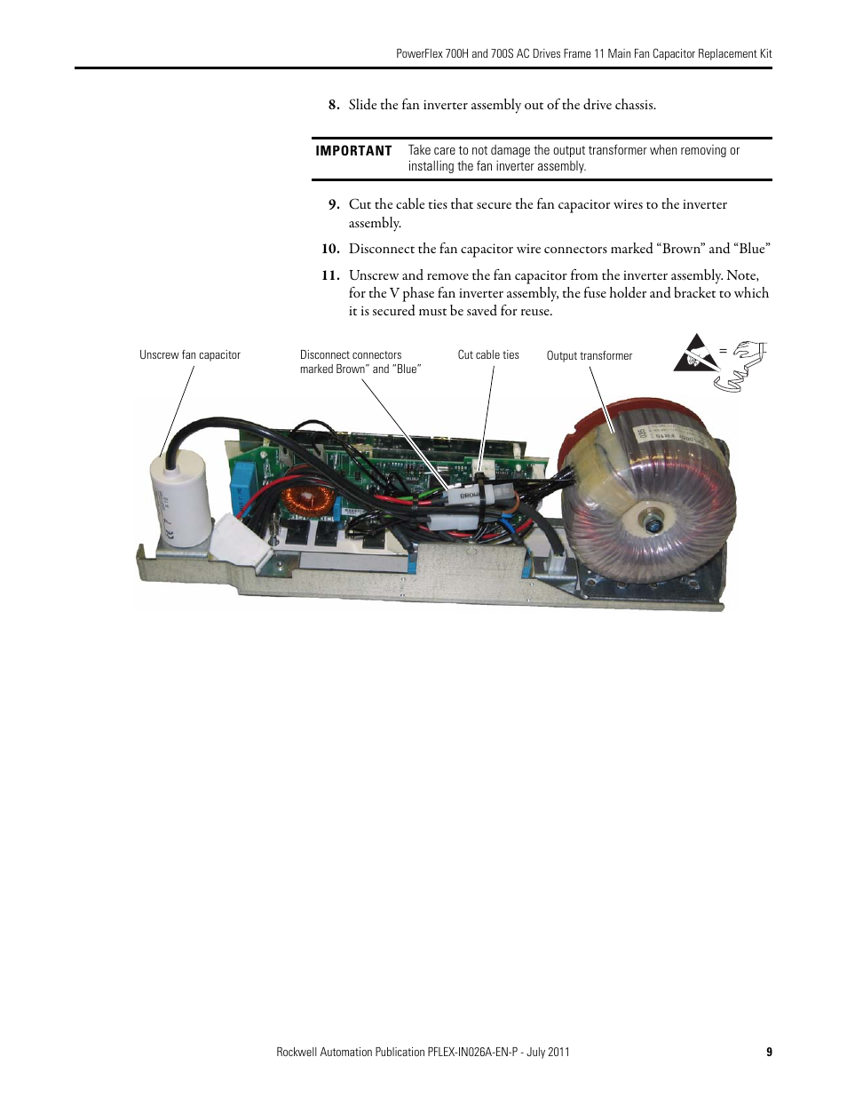 Rockwell Automation 20D PowerFlex 700H and 700S AC Drives Frame 11 Main Fan Capacitor Replacement Kit User Manual | Page 9 / 12