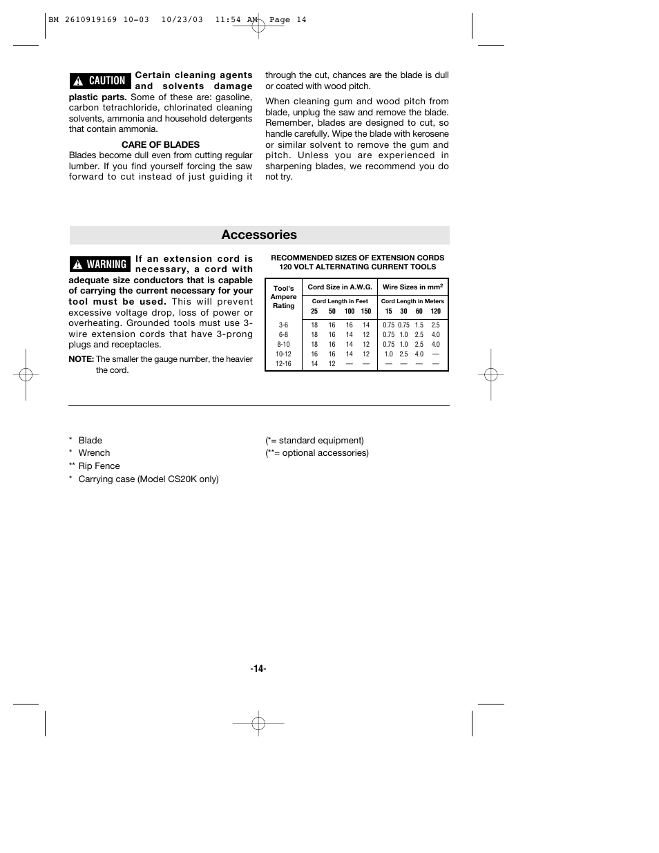 Accessories, Warning, Caution | Bosch CS20 User Manual | Page 14 / 44