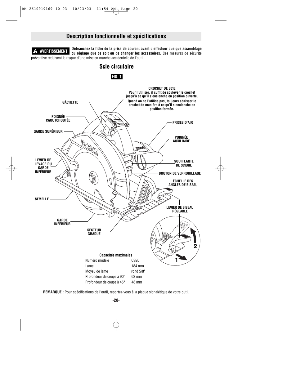 Description fonctionnelle et spécifications, Scie circulaire | Bosch CS20 User Manual | Page 20 / 44