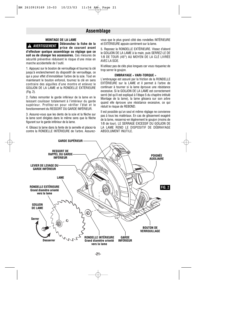 Assemblage | Bosch CS20 User Manual | Page 21 / 44
