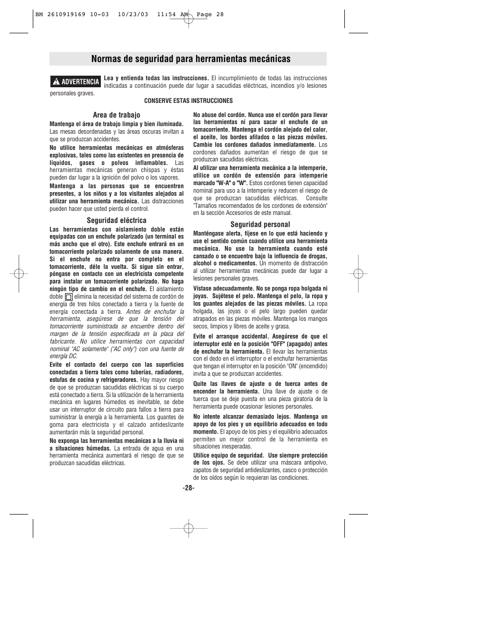 Normas de seguridad para herramientas mecánicas | Bosch CS20 User Manual | Page 28 / 44