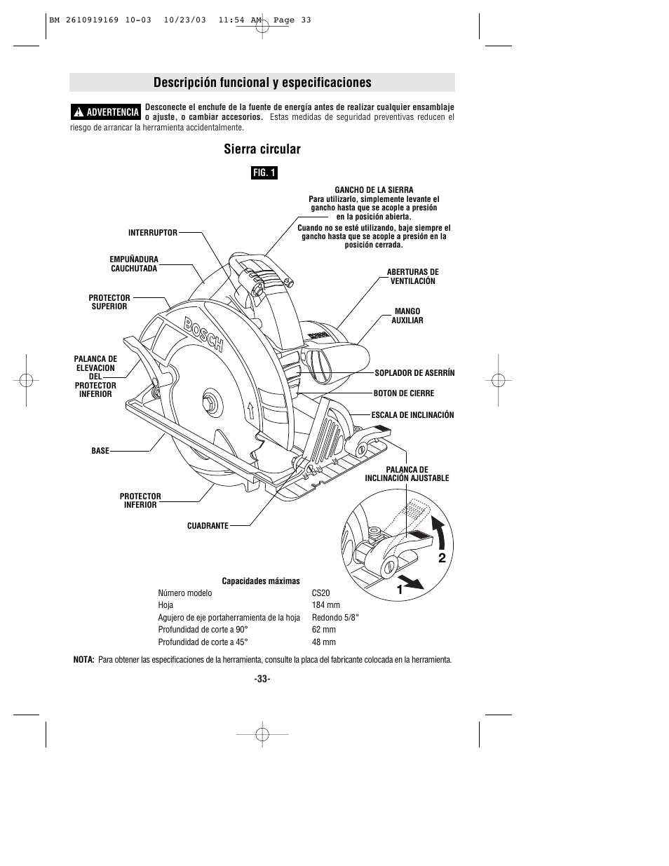 Descripción funcional y especificaciones, Sierra circular | Bosch CS20 User Manual | Page 33 / 44