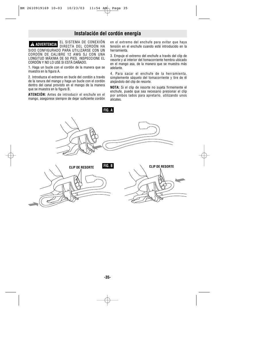 Instalación del cordón energía | Bosch CS20 User Manual | Page 35 / 44