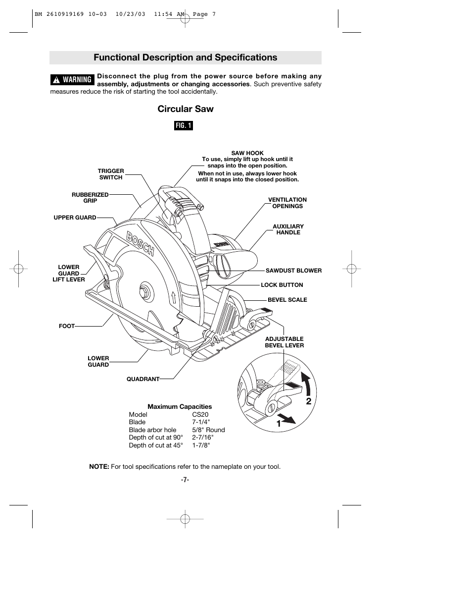 Functional description and specifications, Circular saw | Bosch CS20 User Manual | Page 7 / 44