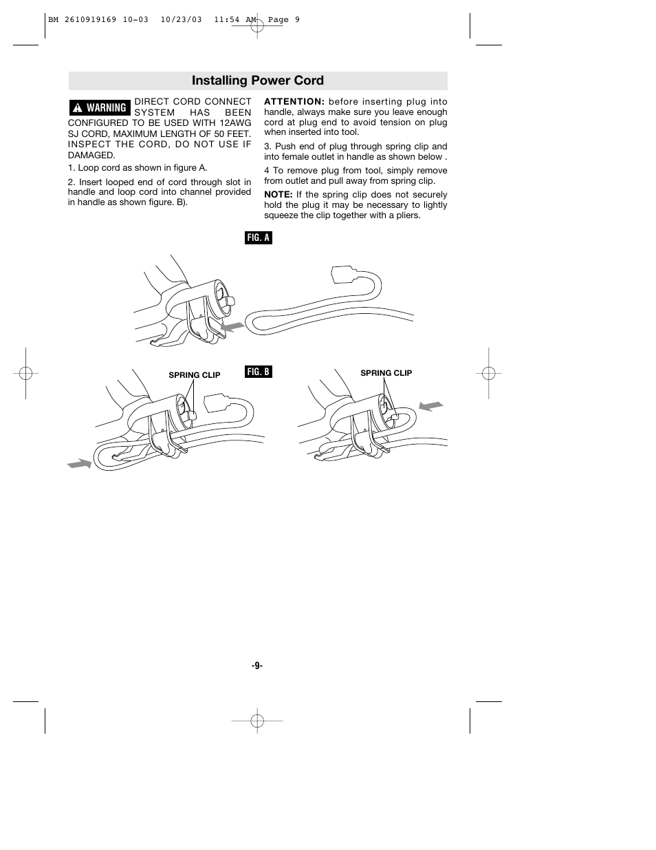 Installing power cord | Bosch CS20 User Manual | Page 9 / 44