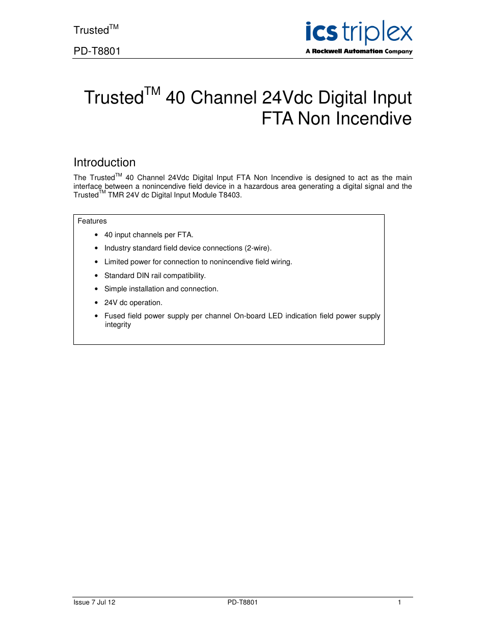 Rockwell Automation T8801 Trusted 40 Channel 24V dc Digital Input FTA Non Incendive User Manual | 14 pages