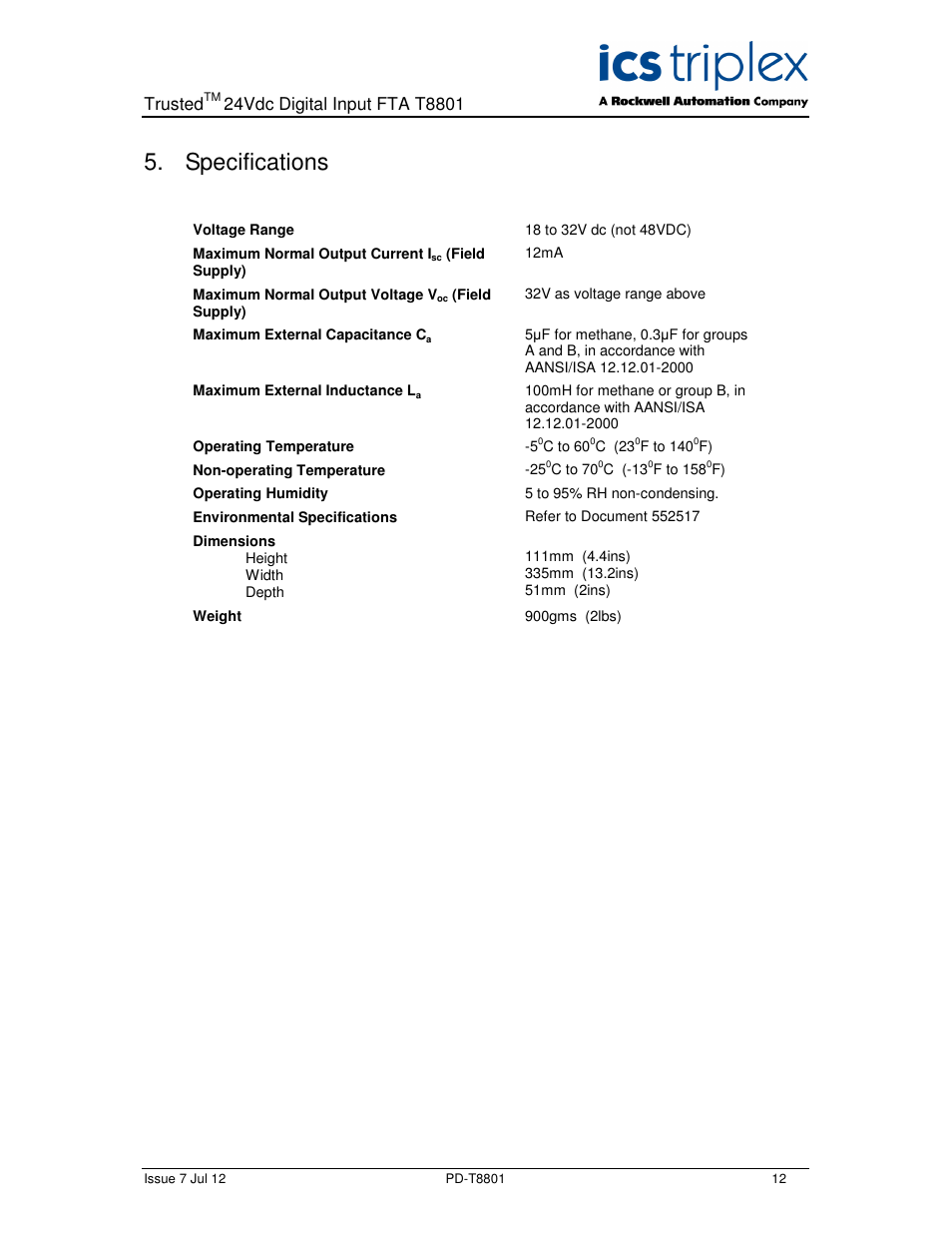 Specifications, Trusted | Rockwell Automation T8801 Trusted 40 Channel 24V dc Digital Input FTA Non Incendive User Manual | Page 12 / 14
