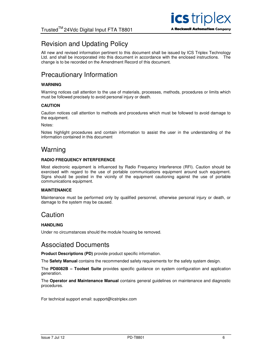 Revision and updating policy, Precautionary information, Warning | Caution, Associated documents | Rockwell Automation T8801 Trusted 40 Channel 24V dc Digital Input FTA Non Incendive User Manual | Page 6 / 14