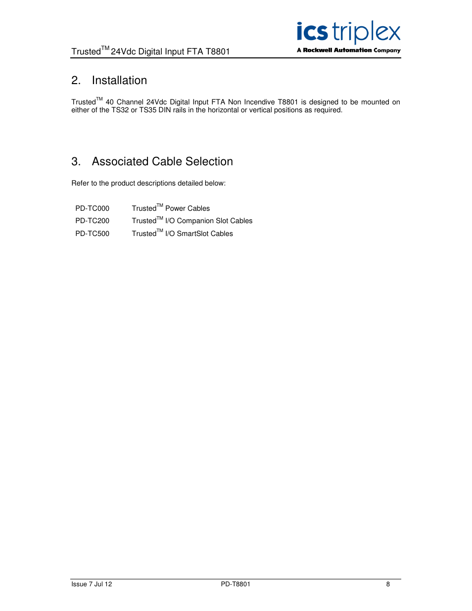 Installation, Associated cable selection | Rockwell Automation T8801 Trusted 40 Channel 24V dc Digital Input FTA Non Incendive User Manual | Page 8 / 14