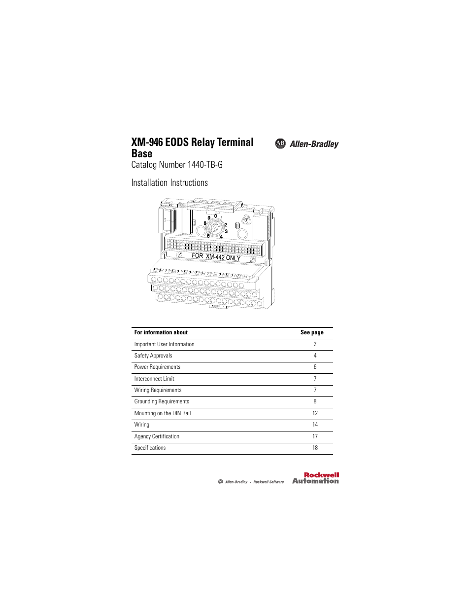 Rockwell Automation 1440-TB-G XM-946 EODS Relay Terminal Base User Manual | 20 pages