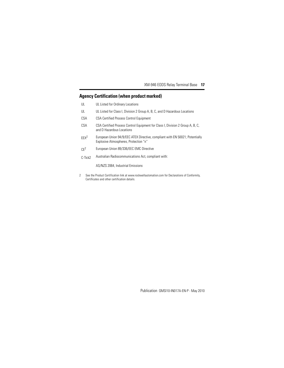 Agency certification (when product marked) | Rockwell Automation 1440-TB-G XM-946 EODS Relay Terminal Base User Manual | Page 17 / 20