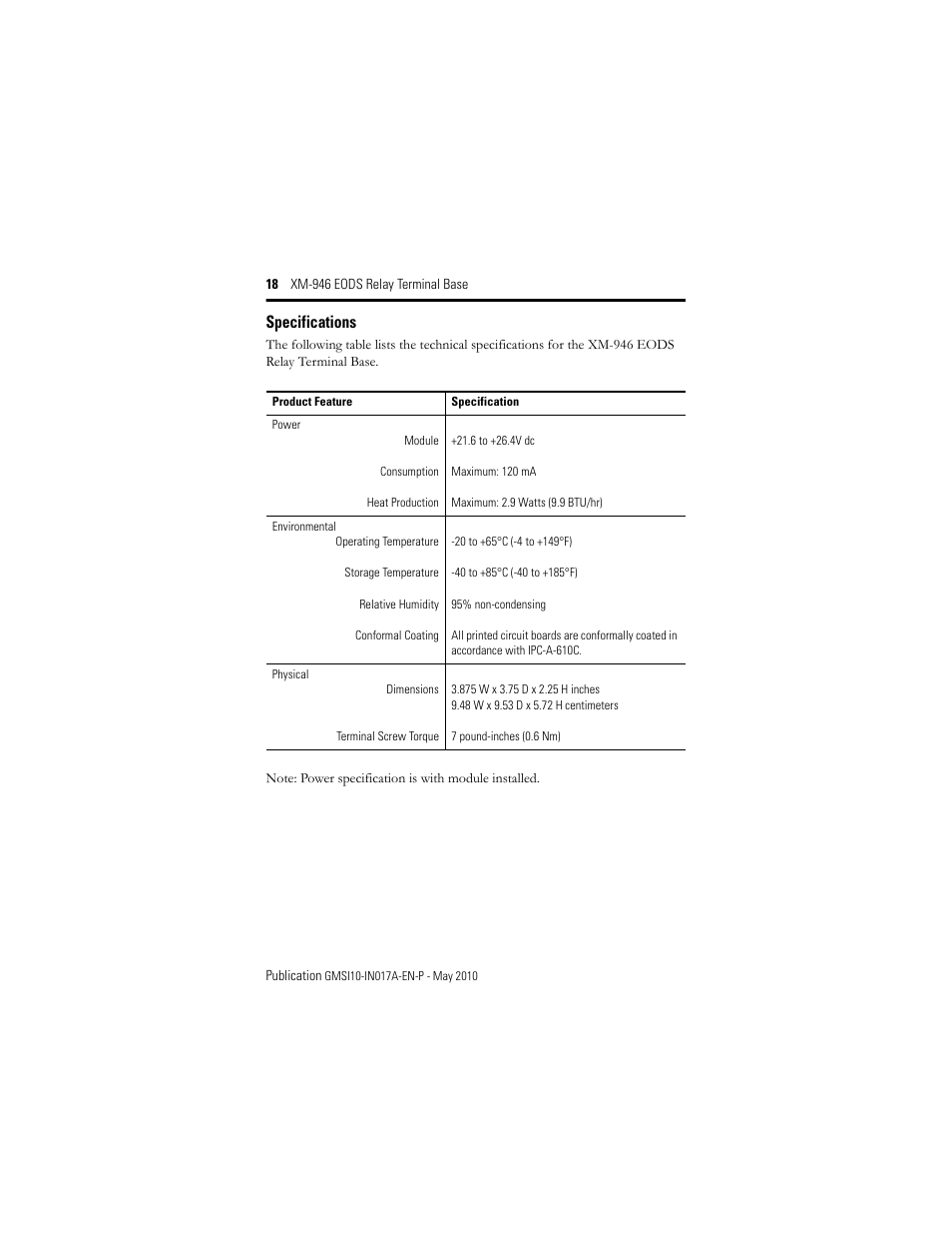 Specifications | Rockwell Automation 1440-TB-G XM-946 EODS Relay Terminal Base User Manual | Page 18 / 20