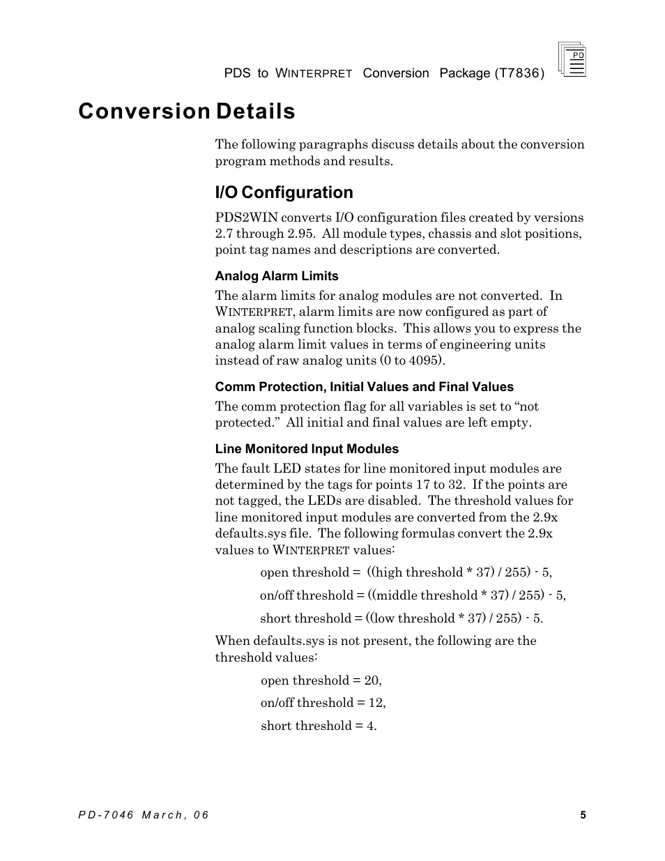 Conversion details, I/o configuration | Rockwell Automation T7836 ICS Regent+Plus PDS to Winternet Conversion Package User Manual | Page 5 / 12