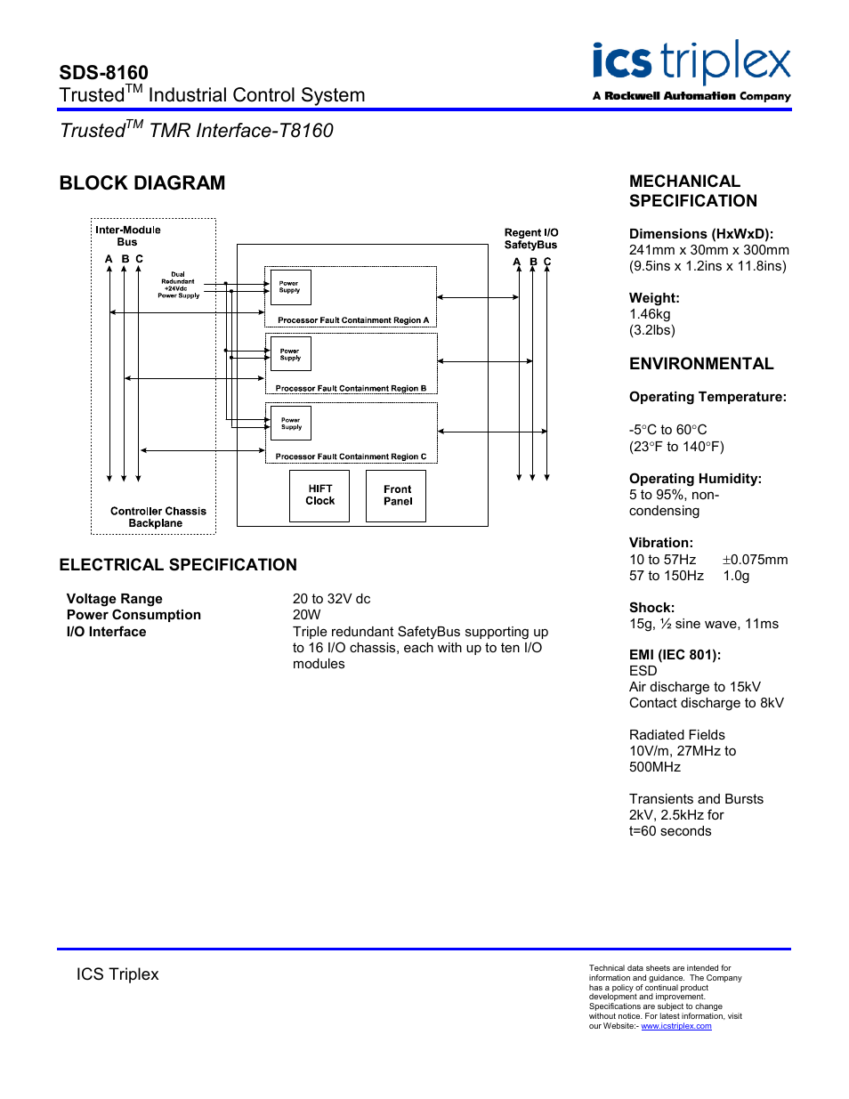 Block diagram, Electrical specification, Sds-8160 trusted | Industrial control system trusted, Tmr interface-t8160 | Rockwell Automation T8160 Trusted TMR Interface User Manual | Page 2 / 2