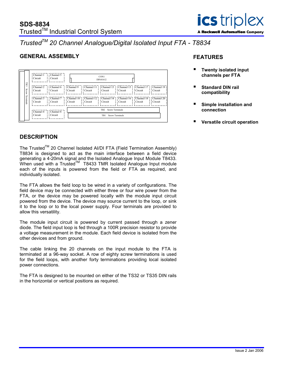 Rockwell Automation T8834 Trusted 20 Channel Analogue/Digital Isolated Input FTA User Manual | 2 pages