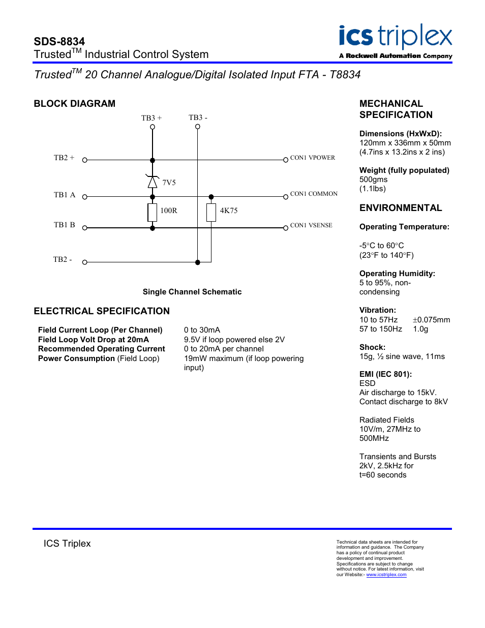 Block diagram, Single channel schematic, Electrical specification | Sds-8834 trusted, Industrial control system trusted | Rockwell Automation T8834 Trusted 20 Channel Analogue/Digital Isolated Input FTA User Manual | Page 2 / 2