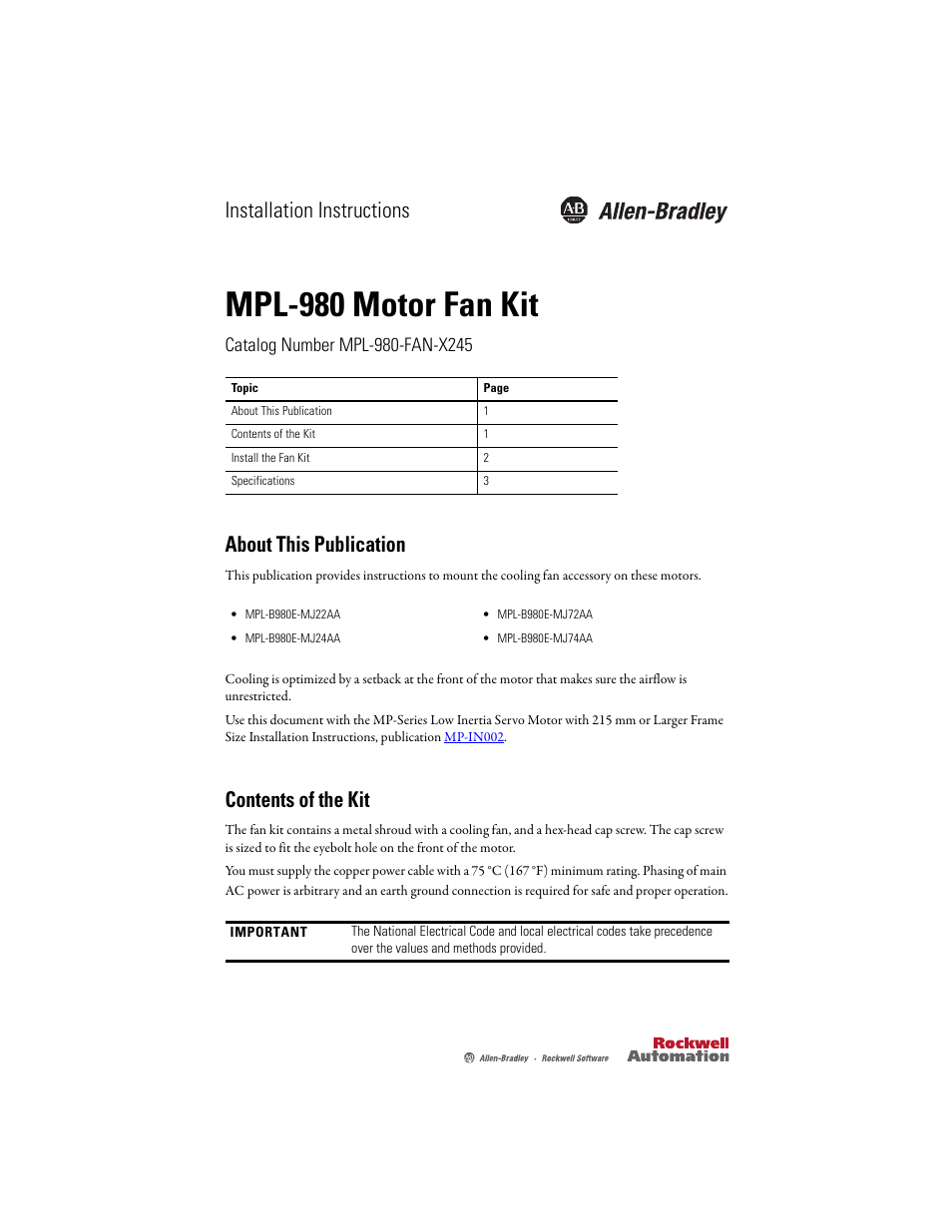 Rockwell Automation MPL-980-FAN-X245 MPL-980 Motor Fan Kit Installation Instructions User Manual | 4 pages