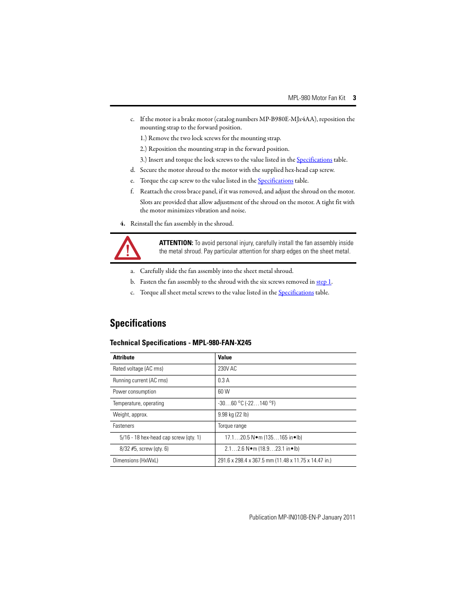 Specifications | Rockwell Automation MPL-980-FAN-X245 MPL-980 Motor Fan Kit Installation Instructions User Manual | Page 3 / 4
