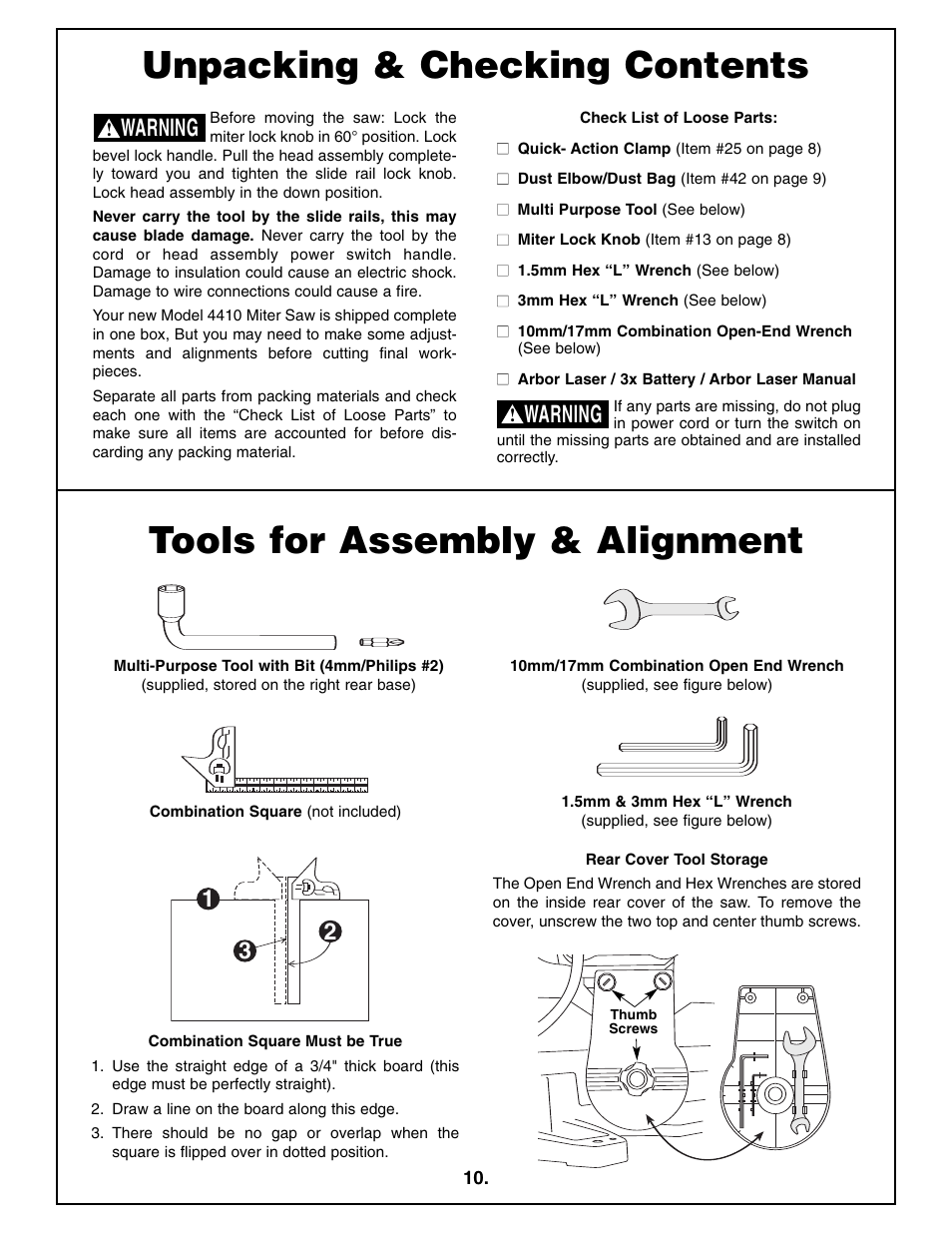 Tools for assembly & alignment, Unpacking & checking contents, Warning | Bosch 4410L User Manual | Page 10 / 116