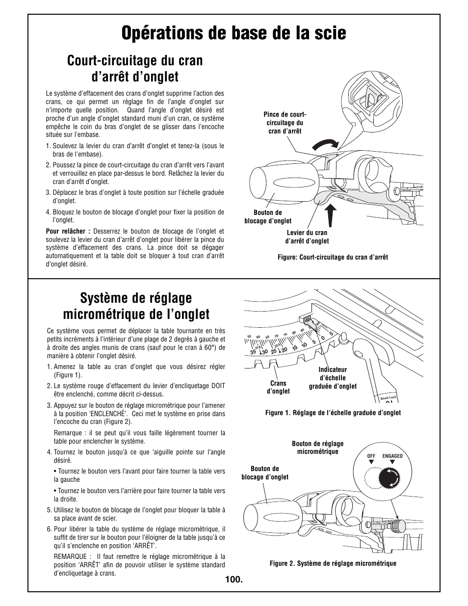 Opérations de base de la scie, Court-circuitage du cran d’arrêt d’onglet, Système de réglage micrométrique de l’onglet | Bosch 4410L User Manual | Page 100 / 116